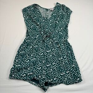Dear Siouxsie Polka Dot Romper Womens Size XL Green White Pockets Keyhole Tie